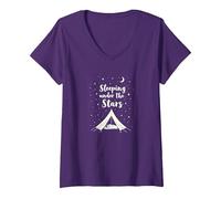 Dormir sous Les étoiles : Aventure de Camping Confortable T-Shirt avec Col en V, Femme, Violet, L
