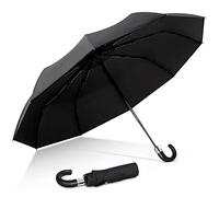 DORRISO Homme Luxe Pliant Parapluie J-Poignée en Bois Résistant Preuve de Neige Vent Automatique Ouverture/Fermeture Parapluie Affaires Voyage Compact Portable Durable Parapluie J-Poignée Noire