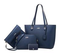 DORRISO Nouveau Ensemble de Sac à Main Femmes 4 Pièces Élégant Sacs Portés Main Polyvalent Pratique Sac Fourre Tout pour Rencontres Voyages Vacance Imperméable PU Cuir Bleu