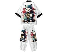 DOSLAVIDA Ensemble cardigan kimono japonais pour homme style chinois imprimé veste pantalon ensemble ouvert sur le devant sept manches haut et short, 01 - Blanc, Small