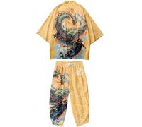 DOSLAVIDA Ensemble cardigan kimono japonais pour homme style chinois imprimé veste pantalon ensemble ouvert sur le devant sept manches haut et short, 07 - Jaune, X-Small