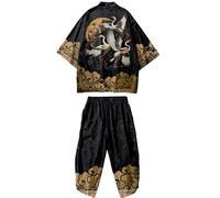 DOSLAVIDA Ensemble cardigan kimono japonais pour homme style chinois imprimé veste pantalon ensemble ouvert sur le devant sept manches haut et short, Style 23-marron, X-Small