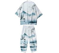 DOSLAVIDA Ensemble cardigan kimono japonais pour homme style chinois imprimé veste pantalon ensemble ouvert sur le devant sept manches haut et short, Style 20 - Blanc, Large