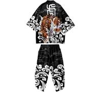 DOSLAVIDA Ensemble cardigan kimono japonais pour homme style chinois imprimé veste pantalon ensemble ouvert sur le devant sept manches haut et short, 10 - Noir, Small