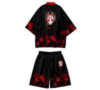 DOSLAVIDA Ensemble de veste kimono japonaise pour homme, manteau ouvert sur le devant élégant avec short, cardigan imprimé de style chinois, short, noir 9, taille 3XL