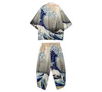 DOSLAVIDA Ensemble de veste kimono japonaise pour hommes, veste élégante ouverte sur le devant avec short, cardigan imprimé de style chinois, gris/bleu, Small