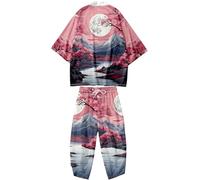 DOSLAVIDA Ensemble de vestes kimono japonaises pour homme - Élégant manteau ouvert sur le devant avec short - Style chinois - Cardigan imprimé, Pantalon-rose 1, Medium
