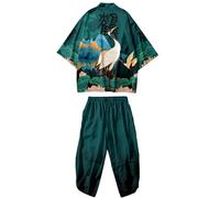 DOSLAVIDA Ensemble de vestes kimono japonaises pour homme - Élégant manteau ouvert sur le devant avec short - Style chinois - Cardigan imprimé, Pantalon-vert01, 3X-Large