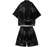 DOSLAVIDA Ensemble kimono de style japonais léger ouvert sur le devant pour homme - Tenue de plage d'été deux pièces, Short - Noir 15, Medium