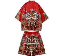DOSLAVIDA Ensemble kimono de style japonais léger ouvert sur le devant pour homme - Tenue de plage d'été deux pièces, Short - Rouge 03, X-Large