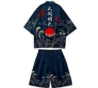 DOSLAVIDA Ensemble kimono de style japonais léger, veste ouverte sur le devant, pour hommes, tenue de plage, d’été, deux pièces, Large