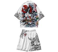 DOSLAVIDA Ensemble kimono de style japonais léger, veste ouverte sur le devant, pour hommes, tenue de plage, d’été, deux pièces, 3X-Large