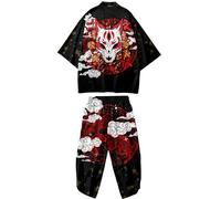 DOSLAVIDA Kimono cargo léger 2 pièces pour homme Tenue de plage japonaise ouverte sur le devant Chemise et short à manches 3/4, Rouge Noir 1, Large