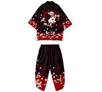 DOSLAVIDA Kimono japonais pour hommes Ensemble élégant ouvert sur le devant manteau avec short style chinois imprimé cardigan costumes, Pantalon-noir 3, 3X-Large