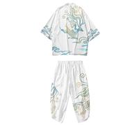 DOSLAVIDA Kimono japonais pour hommes Ensemble élégant ouvert sur le devant manteau avec short style chinois imprimé cardigan costumes, Pantalon-blanc 3, Medium