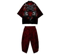 DOSLAVIDA Kimono japonais pour hommes Ensemble élégant ouvert sur le devant manteau avec short style chinois imprimé cardigan costumes, Pantalons-noir 4, Large