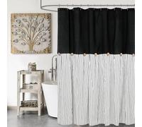 DOSLY IDÉES Farmhaus Rideau de douche en lin et coton avec boutons décoratifs, rayures noires, plissé, 180 x 180 cm