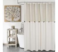 DOSLY IDÉES Farmhouse Rideau de douche en lin et coton mélangé Beige rayé avec boutons Style rustique 180 x 200 cm