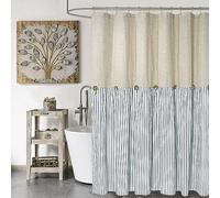 DOSLY IDÉES Rideau de Douche à Boutons en Lin et Coton Beige à Rayures Bleues Style campagnard 183 x 183 cm