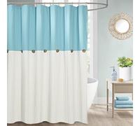 DOSLY IDÉES Rideau de Douche Rustique à Rayures Beige et Bleu Sarcelle pour Salle de Bain, Rideau à Boutons, Tissu tissé en mélange de Coton, Style Rustique Chic, 182,9 x 182,9 cm