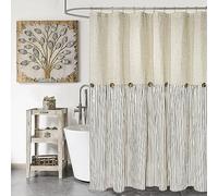 DOSLY IDÉES Rideau de Douche Rustique à Rayures Beige et Marron, Rideau à Boutons, Tissu tissé en Lin et Coton, Style Rustique Chic, 183 x 183 cm