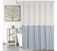 DOSLY IDÉES Rideau de douche rustique à rayures beiges et bleues, rideau à boutons en tissu tissé en coton gaufré spa et style rustique chic, 183 x 183 cm