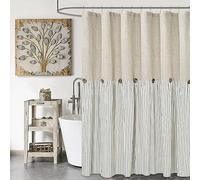 DOSLY IDÉES Rideau de Douche Rustique à Rayures Beiges et Grises, Rideau à Boutons, Tissu tissé en Lin et Coton, Style Rustique Chic, 183 x 183 cm