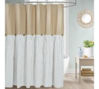 DOSLY IDÉES Rideau de douche rustique à rayures camel et marron, rideau à boutons, tissu en coton tissé et mélange de coton, style rustique chic, 183 x 183 cm