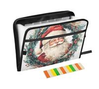 Dossier avec poches style aquarelle Père Noël sur une couronne - 13 poches format A4 - Fermeture éclair - Pour fournitures de bureau - Accordéon pour documents