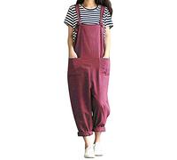 DOTBUY Salopette Femme en Lin Été Jumpsuit Combinaisons avec Poches Casual Loose Large Ample Harem Sarouel Pantalon Unie Playsuit Barboteuses (5XL,Rouge)
