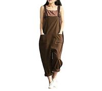 DOTBUY Salopette Femme en Lin Été Jumpsuit Combinaisons avec Poches Casual Loose Large Ample Harem Sarouel Pantalon Unie Playsuit Barboteuses (5XL,Brown)