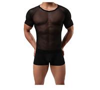 DOTBUY Sexy Transparent T-Shirt Homme, Coupe Slim Col Rond Manche Courte Sculptante Respirant Tulle Haut de Sport (L, Noir)