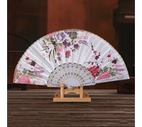 DOTBUY-SHOP Éventail Pliant, Éventail Main Pliable Chinois en Tissu Satiné Ventilateur Vintage Fleur de Pivoine pour Danse Décoration Murale Fête Mariage Chambre (2 Pièce,Blanc)
