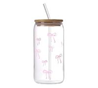 Dottduya Tasse en verre avec nœud | Mug Rose Avec Nœud Couvercle Et Paille 500 ml - Tasses À Café Glacé,Pour Maison Chambre Anniversaire Bureau Cuisine Dortoir Milkshake Thé