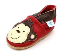 Dotty Fish Chaussures Cuir Souple pour Tout-Petits et Bébé. Garçons et Filles. Rouge avec Singe Brun. 0-6 Mois (17 EU)