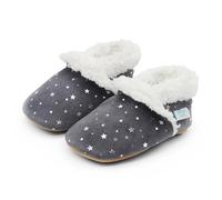 Dotty Fish Pantoufles Suède pieds nus en daim pour bébés et enfants, doublés en polaire. Chaussons d'hiver pour garçons et filles. Antidérapants, Semelles souples - Étoiles d'argent 2-3 Ans