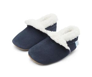Dotty Fish Chaussons en daim pour bébé et enfant - Semelle souple antidérapante, doublure polaire chaude, effet pieds nus - Garçon & fille - Marine 12-18 mois