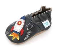 Dotty Fish Chaussures en Cuir Souple pour bébés et Tout-Petits - Antidérapantes, Sensation Pieds Nus, Souples, légères et Respirantes. Garçons. Gris avec fusée Spatiale. 4-5 Ans (28 EU)