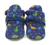 Dotty Fish Chaussures. Chaussons pour bébés avec semelles en daim. Doublure chaude en polaire. Bottines pour les premiers pas de bébé. Bleu marine avec Dinosaures. 12-18 Mois