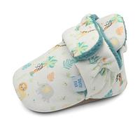 Dotty Fish Chaussures. Chaussons pour bébés avec semelles en daim. Doublure chaude en polaire. Bottines pour les premiers pas de bébé. Vert avec des animaux de Safari. 6-12 Mois