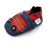 Dotty Fish. Chaussures Cuir Souple pour Tout-Petits et Bébé. Semelle Souple antidérapante. Bleu avec Camion de Pompiers. 6-12 Mois (19 EU)
