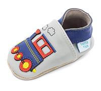 Dotty Fish Chaussures en Cuir Souple pour bébés et Tout-Petits - Antidérapantes, Sensation Pieds Nus, Souples, légères et Respirantes. Garçons. Gris Clair avec Train Bleu. 18-24 Mois (23 EU)