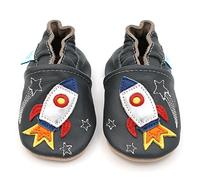 Dotty Fish Chaussures en cuir souple pour bébés et enfants - Pieds nus, Semelle en daim antidérapante, cuir respirant, marque britannique - Motifs amusants - Fusée spatiale grise 3-4 ans