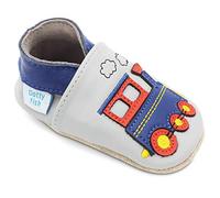 Dotty Fish Chaussures en Cuir Souple pour bébés et Enfants - Pieds Nus, Semelle en Daim antidérapante, Cuir Respirant, Marque Britannique - Motifs Amusants - Train à Vapeur Bleu et Rouge 0-6 Mois
