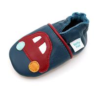 Dotty Fish. Chaussures Cuir Souple pour Tout-Petits et Bébé. Semelle Souple antidérapante. Garçons. Bleu avec Voiture. 18-24 Mois (23 EU)
