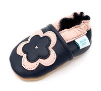 Dotty Fish Chaussures en cuir souple pour bébés et tout-petits - Antidérapantes, sensation pieds nus, souples, légères et respirantes. Pour filles. Marine et Rose Fleur. 12-18 Mois (21 EU)