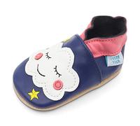 Dotty Fish Chaussures en Cuir Souple pour bébés et Tout-Petits - Antidérapantes, Sensation Pieds Nus, Souples, légères et Respirantes. pour Filles. Bleu avec des Nuages Blancs. 18-24 Mois (23 EU)