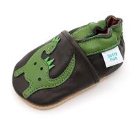 Dotty Fish Chaussures Cuir Souple pour Tout-Petits et Bébé. Garçons et Filles. Brun avec Dinosaure Vert. 2-3 Ans (25 EU)