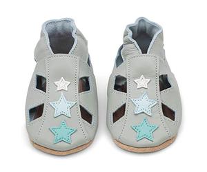 Dotty Fish Sandales Bébé & Enfant en Cuir - Semelle Souple Antidérapante, Chaussures Premiers Pas, Respirantes - Étoiles grises 6-12 mois