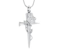 DOTUIARG Collier d’urne pour croix de cendres, bijoux de crémation, pendentif de cendres de fleur de rose, collier commémoratif en acier inoxydable pour femmes hommes